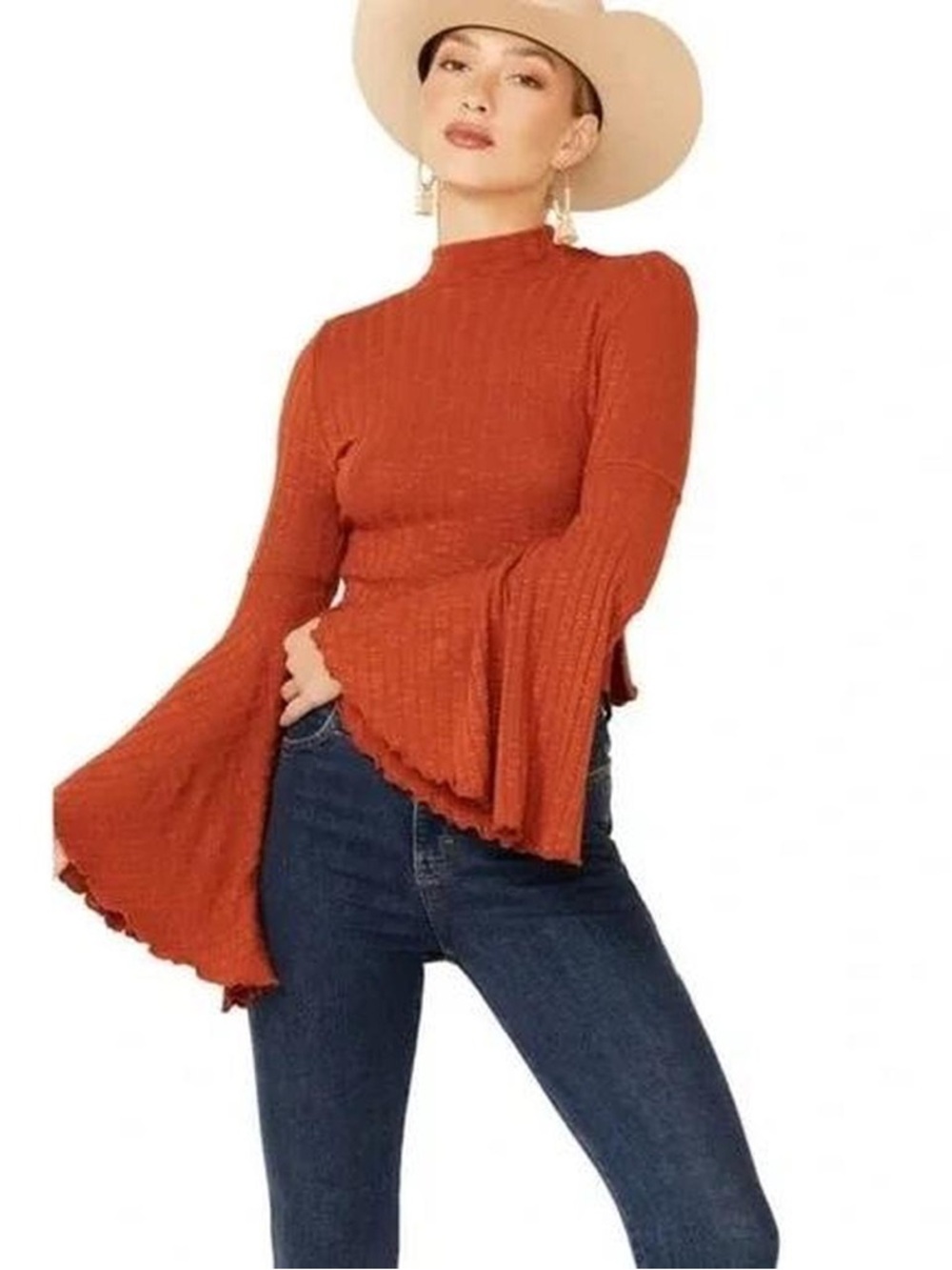 Shyanne Burnt Orange Ribbed Bell Sleeve Mock Neck Top